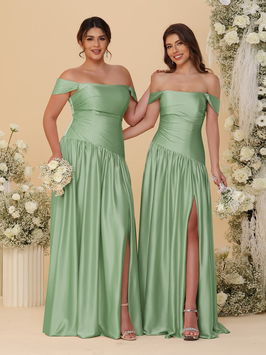 A-Line/Princess Off-the-Shoulder Ruched Long Bridesmaid Dresses With Side Slit & Pleats Dusty Sage