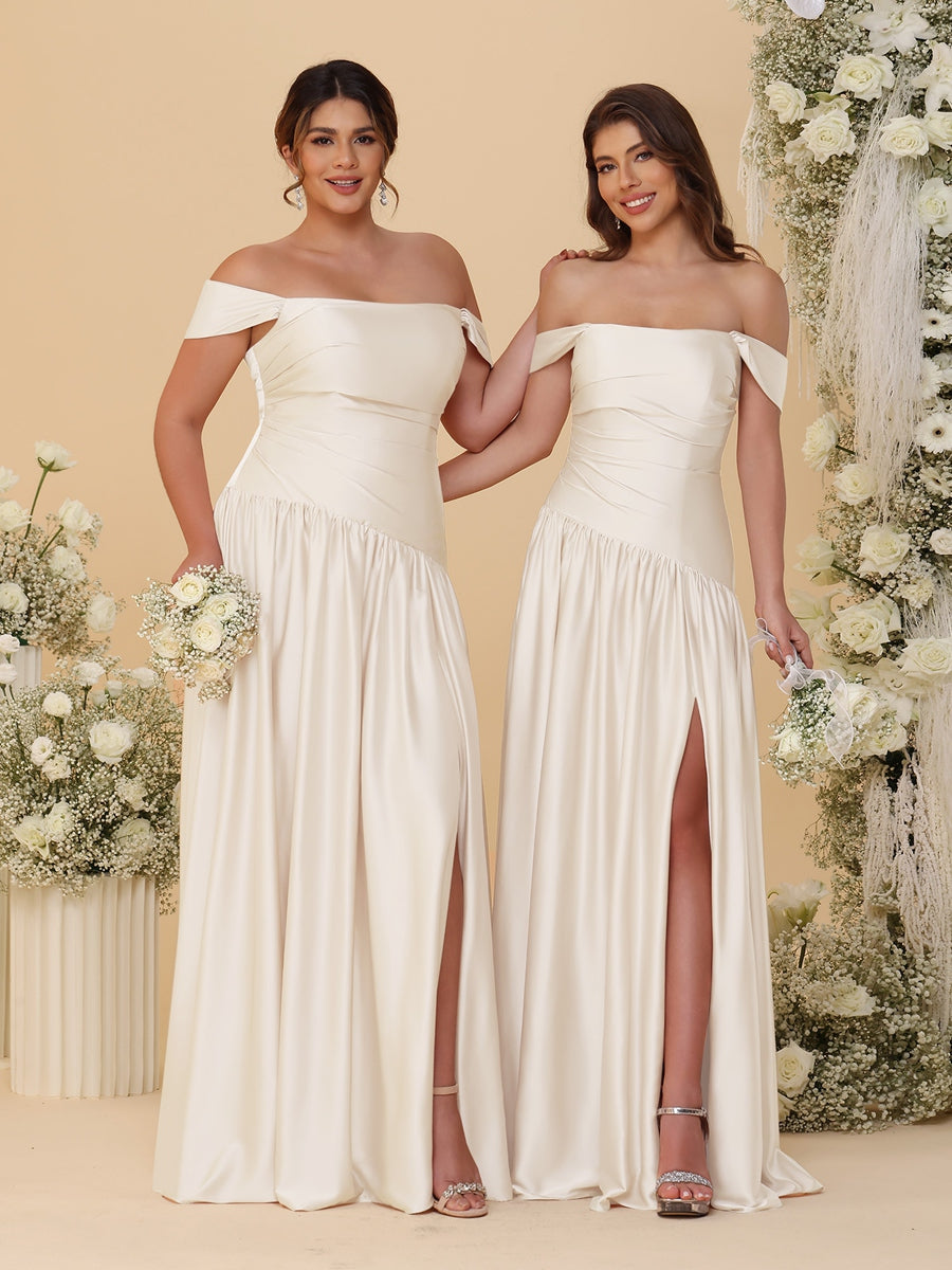 A-Line/Princess Off-the-Shoulder Ruched Long Bridesmaid Dresses With Side Slit & Pleats Light Champagne