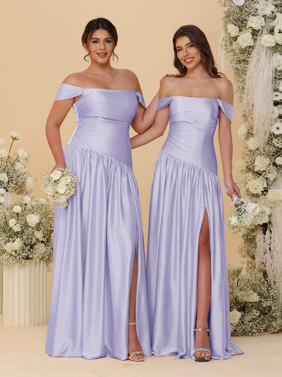 A-Line/Princess Off-the-Shoulder Ruched Long Bridesmaid Dresses With Side Slit & Pleats Lilac