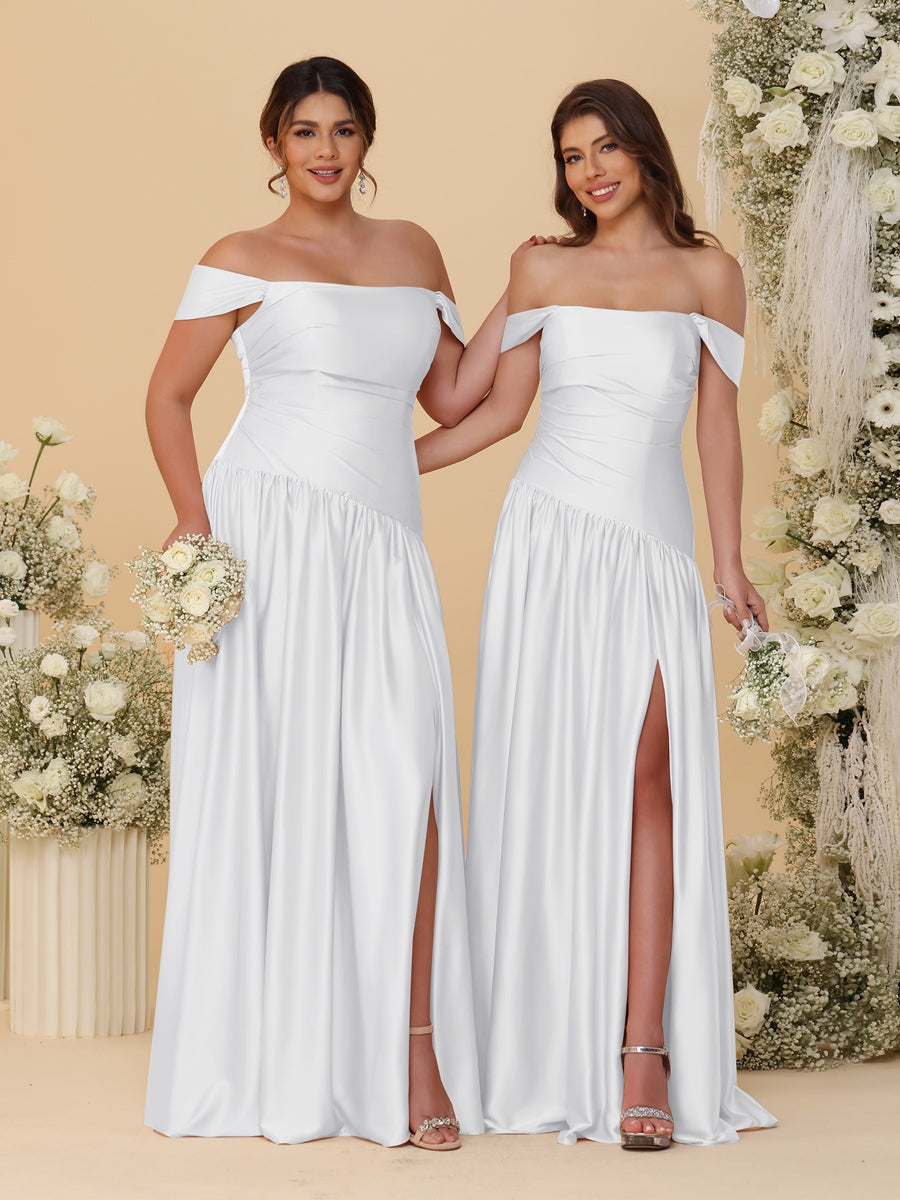 A-Line/Princess Off-the-Shoulder Ruched Long Bridesmaid Dresses With Side Slit & Pleats White