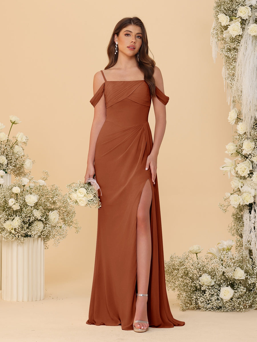 Sheath/Column Off-the-Shoulder Spaghetti Straps Long Ruched Bridesmaid Dresses With Side Slit Burnt Orange