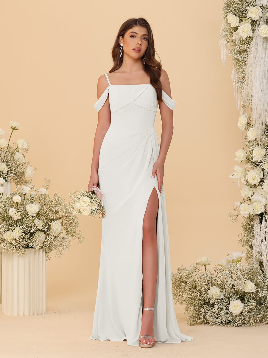 Sheath/Column Off-the-Shoulder Spaghetti Straps Long Ruched Bridesmaid Dresses With Side Slit Ivory
