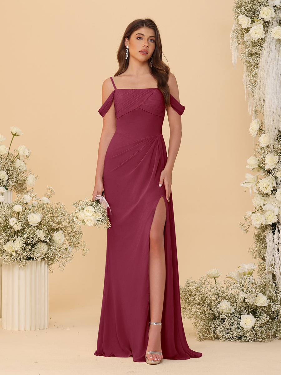 Sheath/Column Off-the-Shoulder Spaghetti Straps Long Ruched Bridesmaid Dresses With Side Slit Light Burgundy