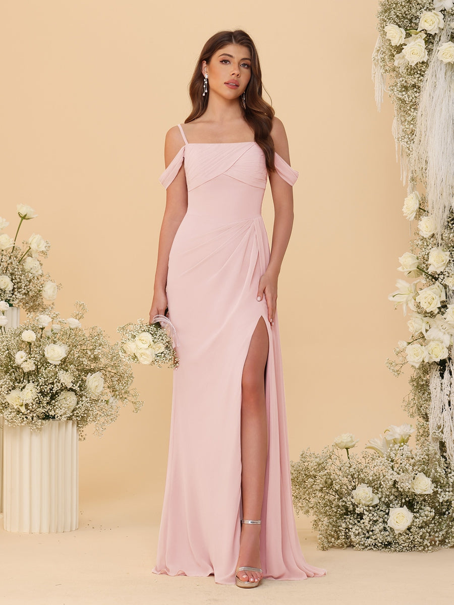 Sheath/Column Off-the-Shoulder Spaghetti Straps Long Ruched Bridesmaid Dresses With Side Slit Pearl Pink