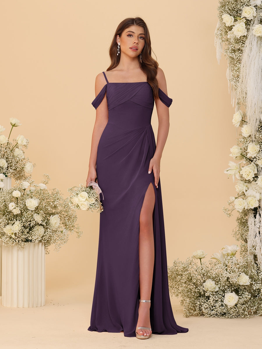 Sheath/Column Off-the-Shoulder Spaghetti Straps Long Ruched Bridesmaid Dresses With Side Slit Plum
