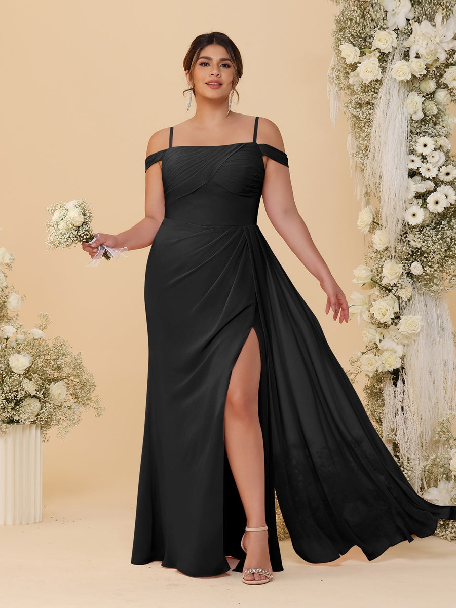 Sheath/Column Off-the-Shoulder Spaghetti Straps Plus Size Bridesmaid Dresses With Side Slit Black