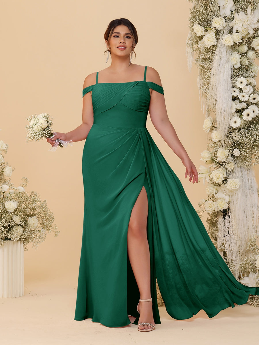 Sheath/Column Off-the-Shoulder Spaghetti Straps Plus Size Bridesmaid Dresses With Side Slit Dark Green