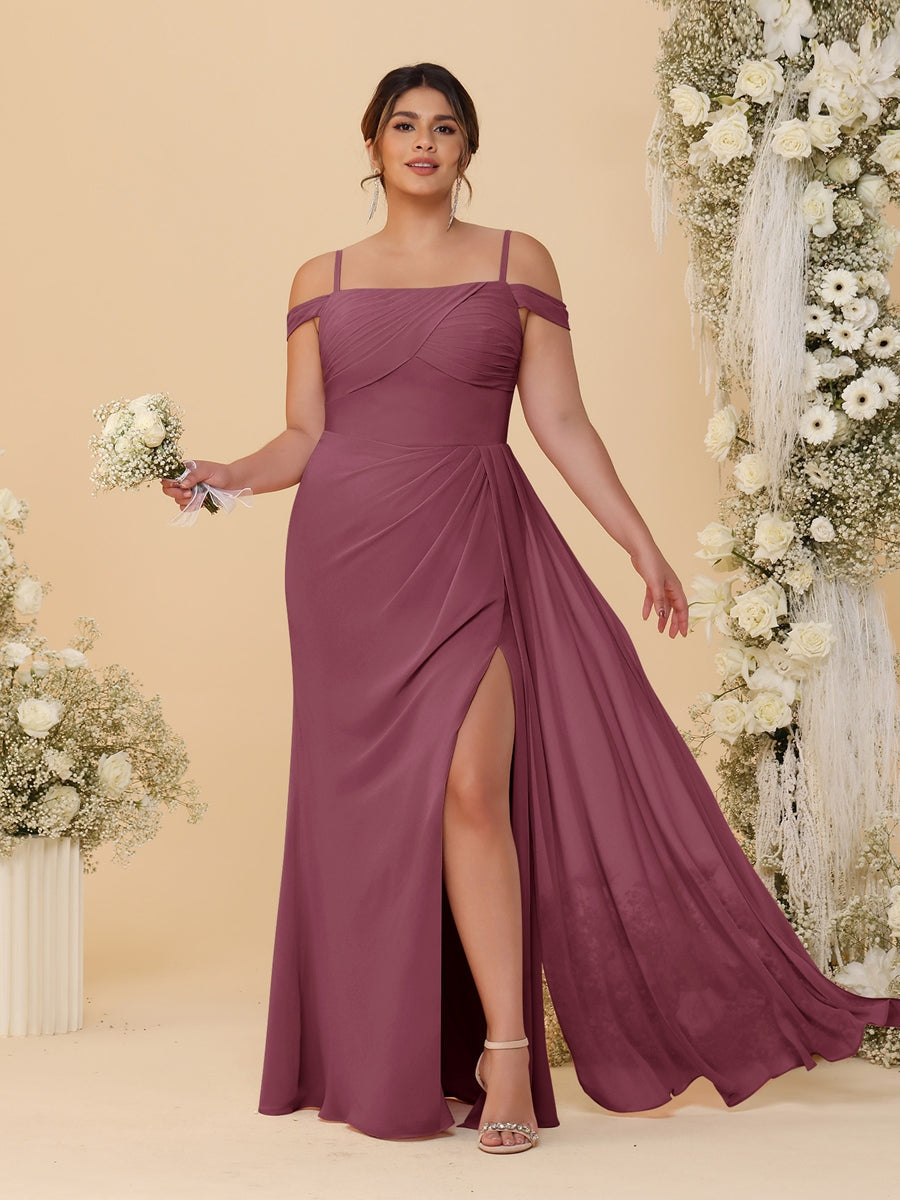 Sheath/Column Off-the-Shoulder Spaghetti Straps Plus Size Bridesmaid Dresses With Side Slit Mulberry
