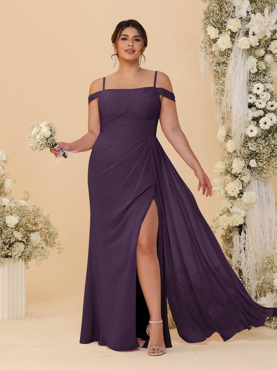 Sheath/Column Off-the-Shoulder Spaghetti Straps Plus Size Bridesmaid Dresses With Side Slit Plum
