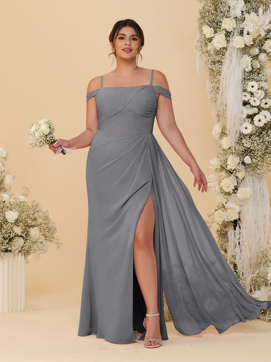 Sheath/Column Off-the-Shoulder Spaghetti Straps Plus Size Bridesmaid Dresses With Side Slit Silver Gray