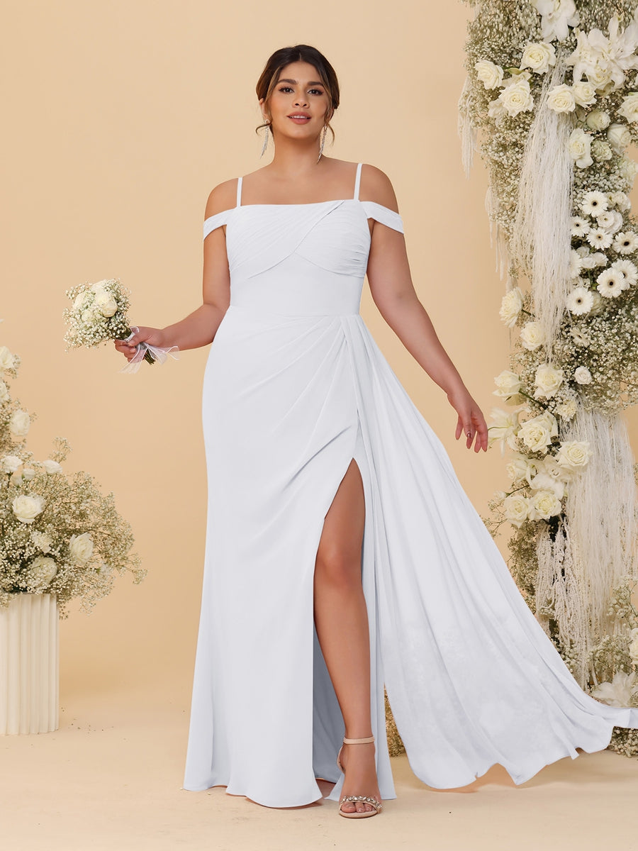 Sheath/Column Off-the-Shoulder Spaghetti Straps Plus Size Bridesmaid Dresses With Side Slit White