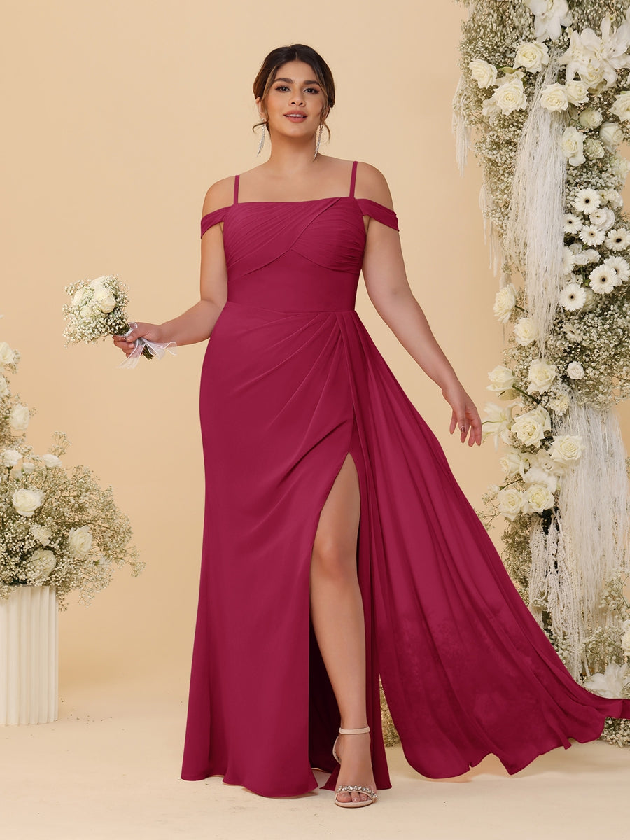 Sheath/Column Off-the-Shoulder Spaghetti Straps Plus Size Bridesmaid Dresses With Side Slit Wine Red