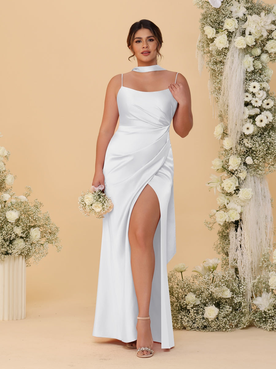 Sheath/Column Spaghetti Straps Sleeveless Floor-Length Ruched Bridesmaid Dresses With Neck Scarf & Split Side White