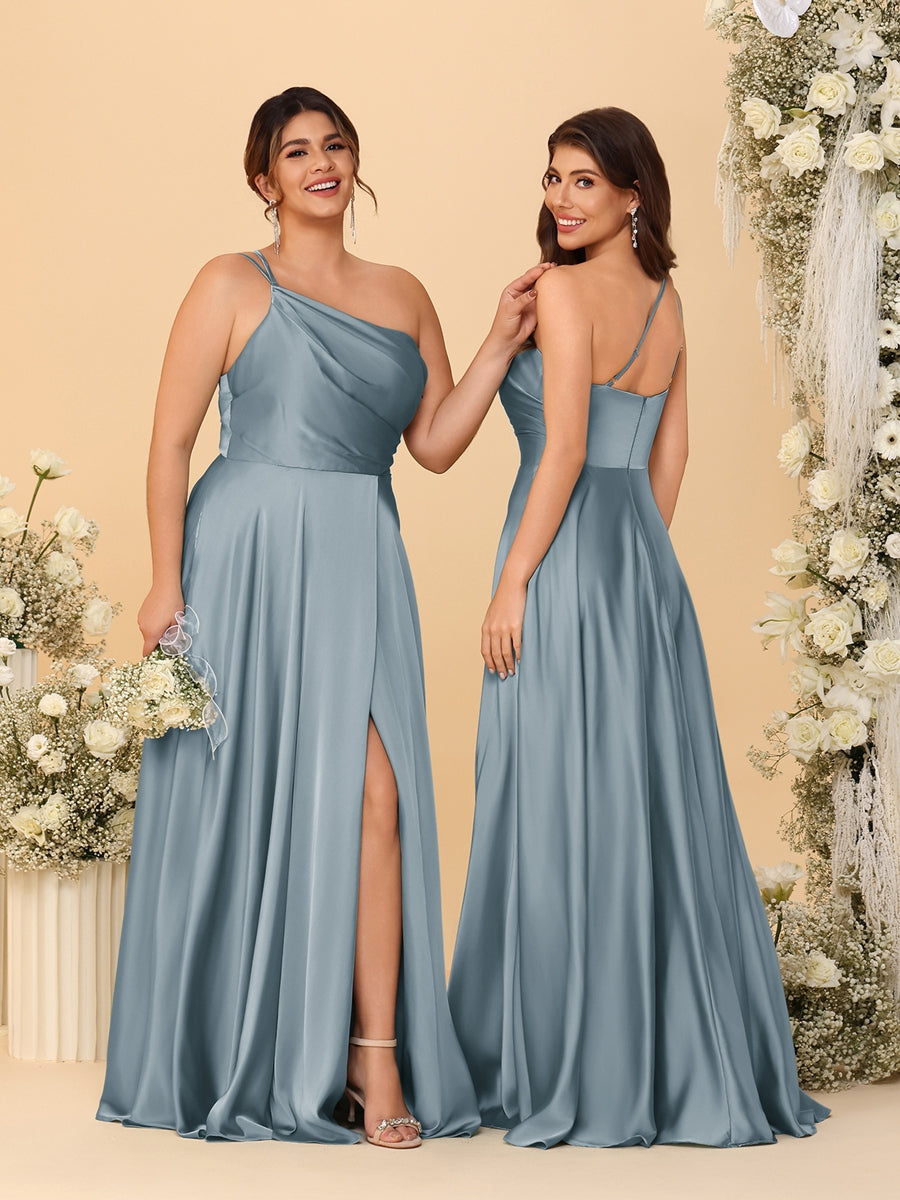 A-Line/Princess Spaghetti Straps Sleeveless Long Ruched Bridesmaid Dresses With Split Side Dusty Blue