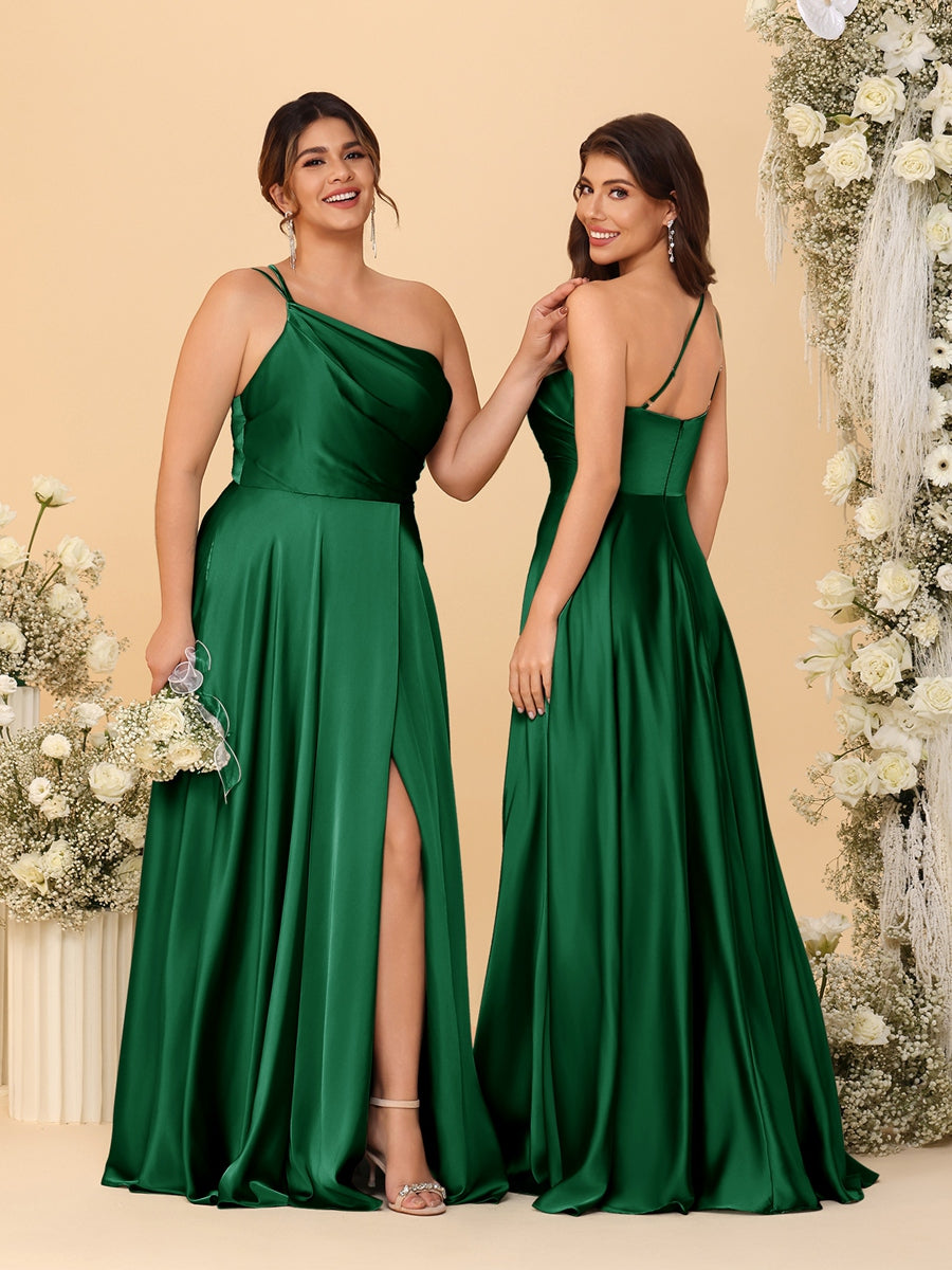 A-Line/Princess Spaghetti Straps Sleeveless Long Ruched Bridesmaid Dresses With Split Side Emerald