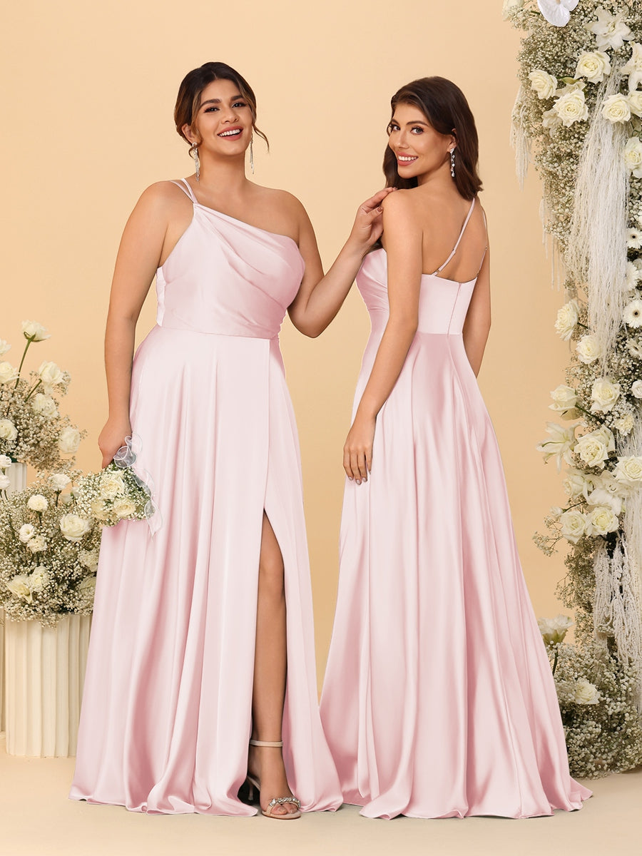 A-Line/Princess Spaghetti Straps Sleeveless Long Ruched Bridesmaid Dresses With Split Side Light Pink