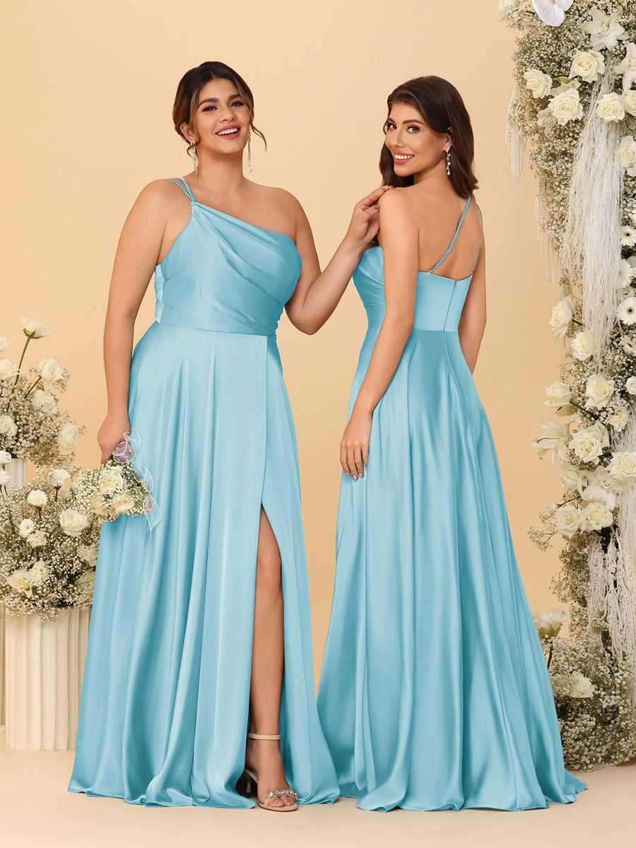 A-Line/Princess Spaghetti Straps Sleeveless Long Ruched Bridesmaid Dresses With Split Side Sky Blue