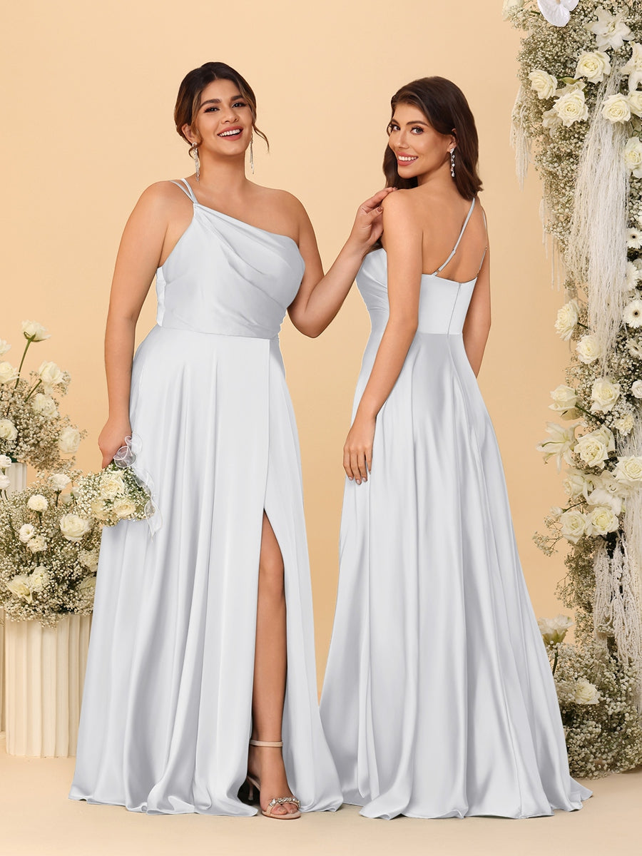 A-Line/Princess Spaghetti Straps Sleeveless Long Ruched Bridesmaid Dresses With Split Side White