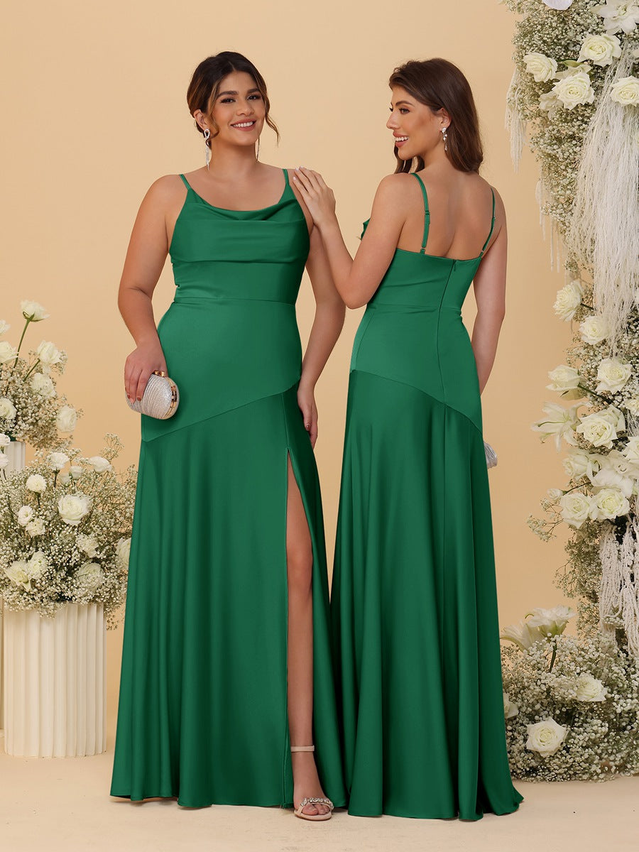 Sheath/Column Spaghetti Straps Cowl Neck Sleeveless Bridesmaid Dresses With Split Side Dark Green