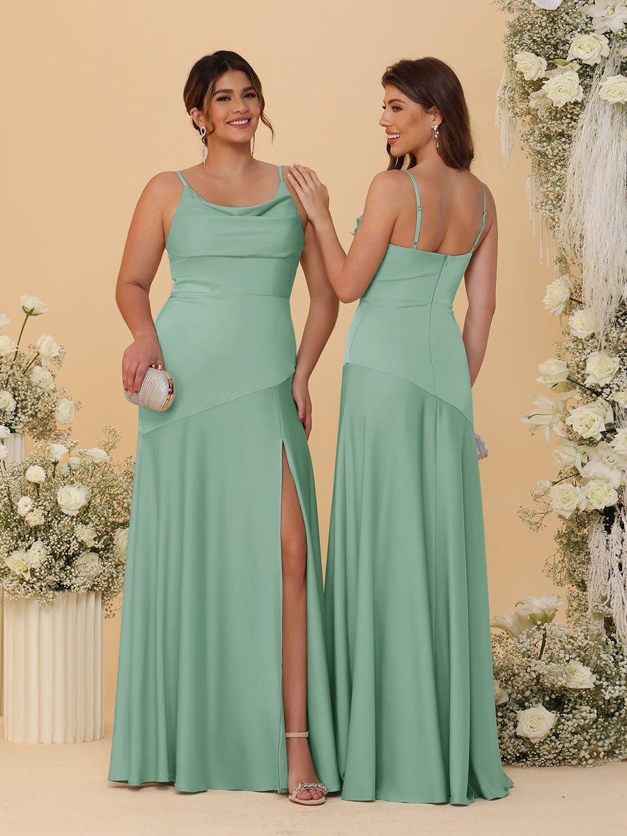 Sheath/Column Spaghetti Straps Cowl Neck Sleeveless Bridesmaid Dresses With Split Side Eucalyptus