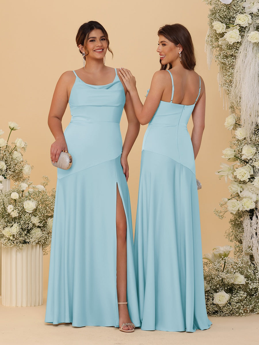 Sheath/Column Spaghetti Straps Cowl Neck Sleeveless Bridesmaid Dresses With Split Side Light Blue