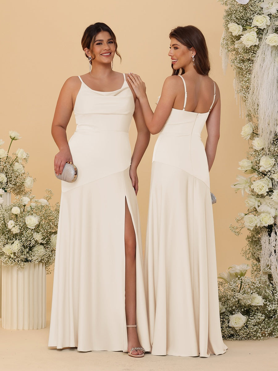 Sheath/Column Spaghetti Straps Cowl Neck Sleeveless Bridesmaid Dresses With Split Side Light Champagne