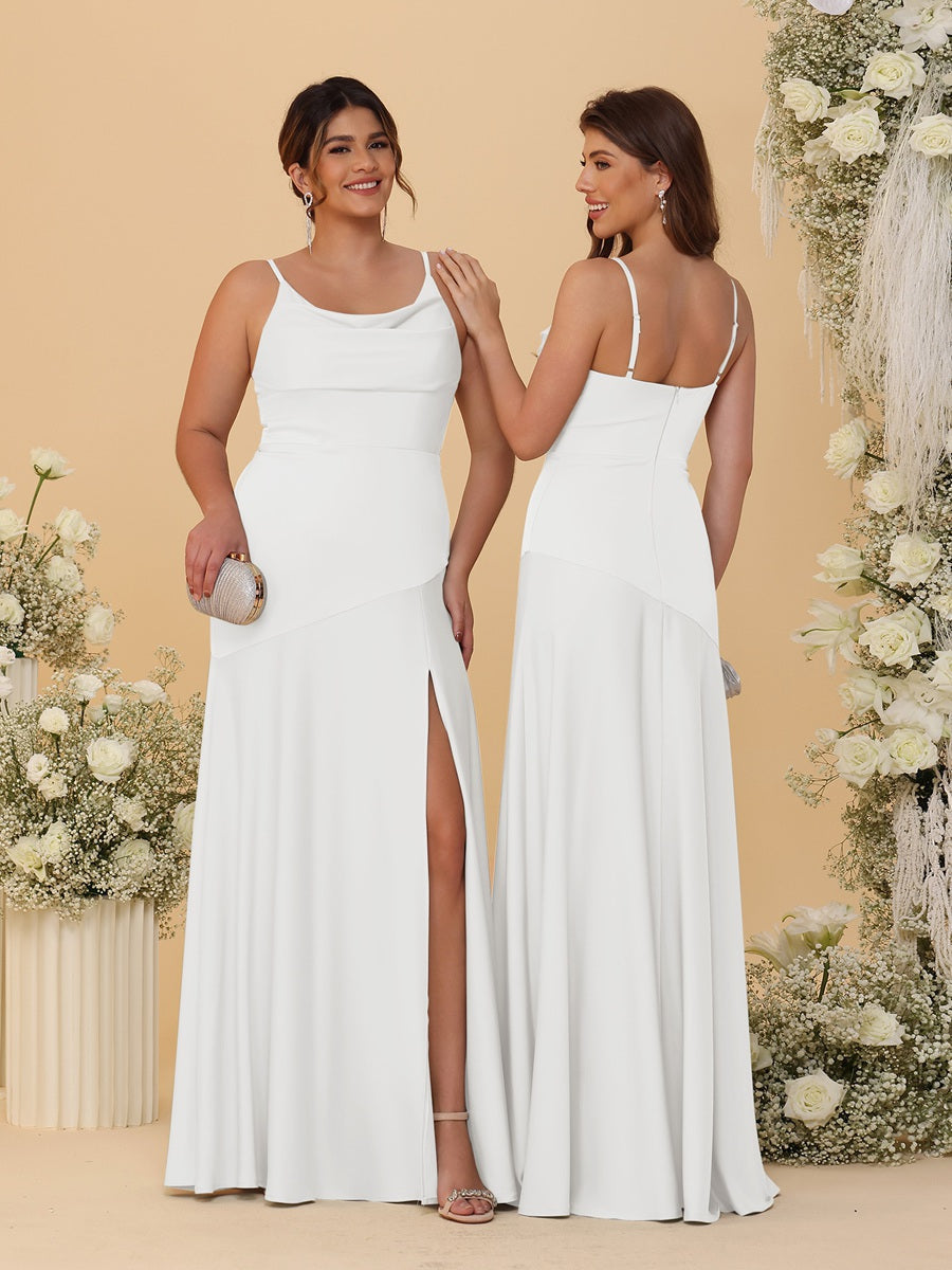 Sheath/Column Spaghetti Straps Cowl Neck Sleeveless Bridesmaid Dresses With Split Side Off White