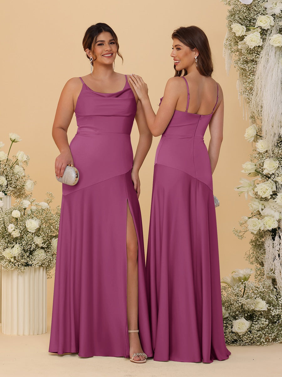 Sheath/Column Spaghetti Straps Cowl Neck Sleeveless Bridesmaid Dresses With Split Side Orchid