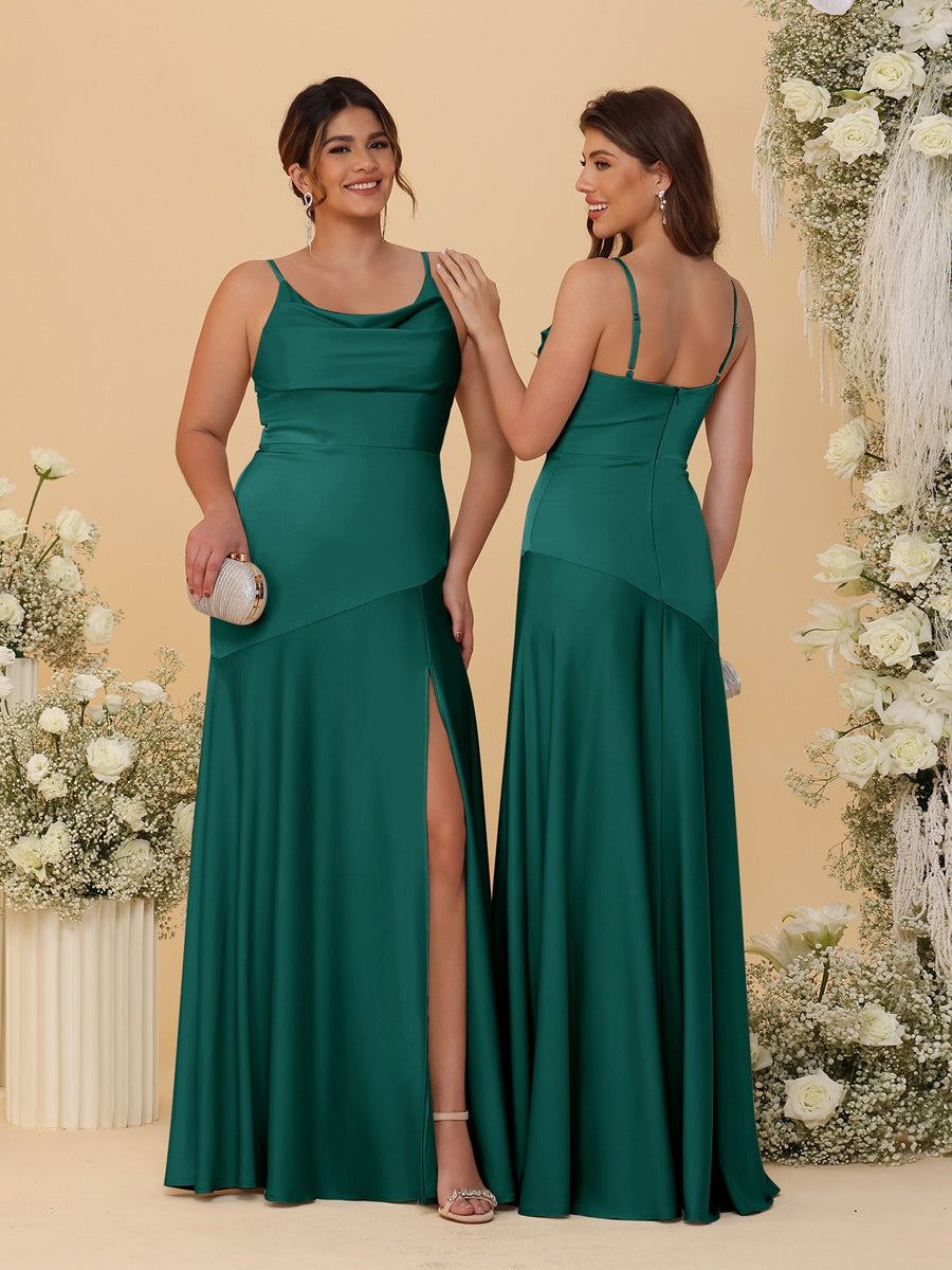 Sheath/Column Spaghetti Straps Cowl Neck Sleeveless Bridesmaid Dresses With Split Side Peacock