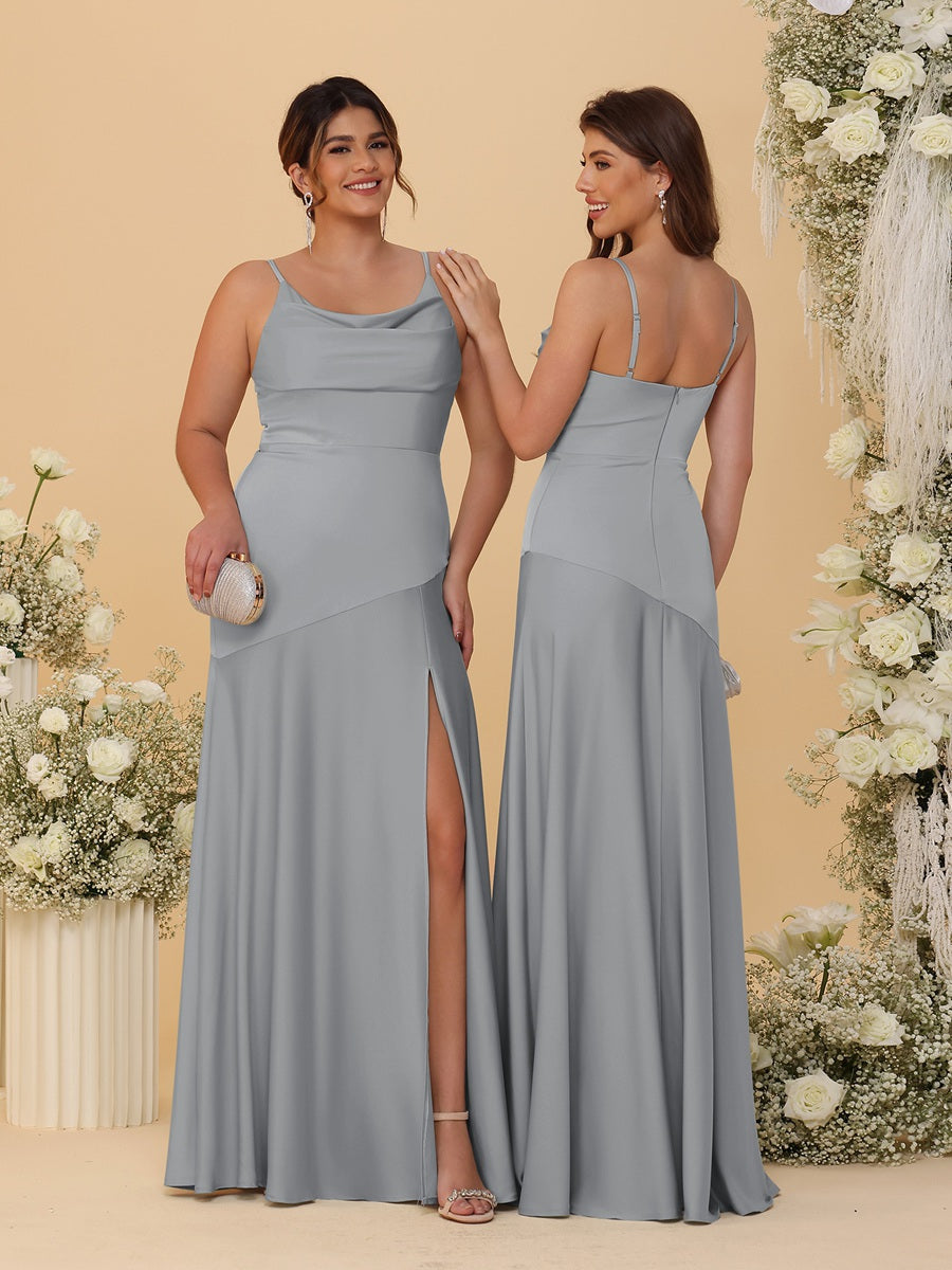 Sheath/Column Spaghetti Straps Cowl Neck Sleeveless Bridesmaid Dresses With Split Side Silver Gray