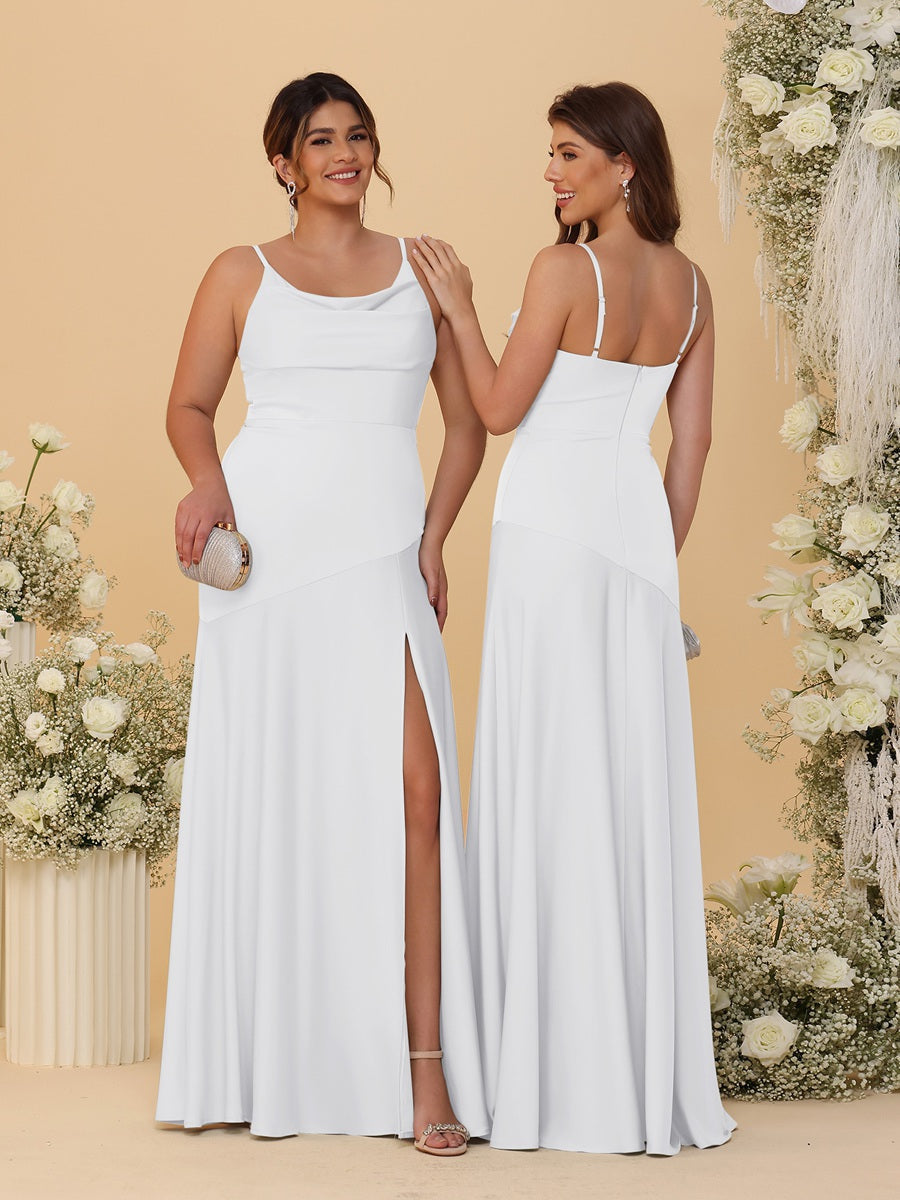 Sheath/Column Spaghetti Straps Cowl Neck Sleeveless Bridesmaid Dresses With Split Side White