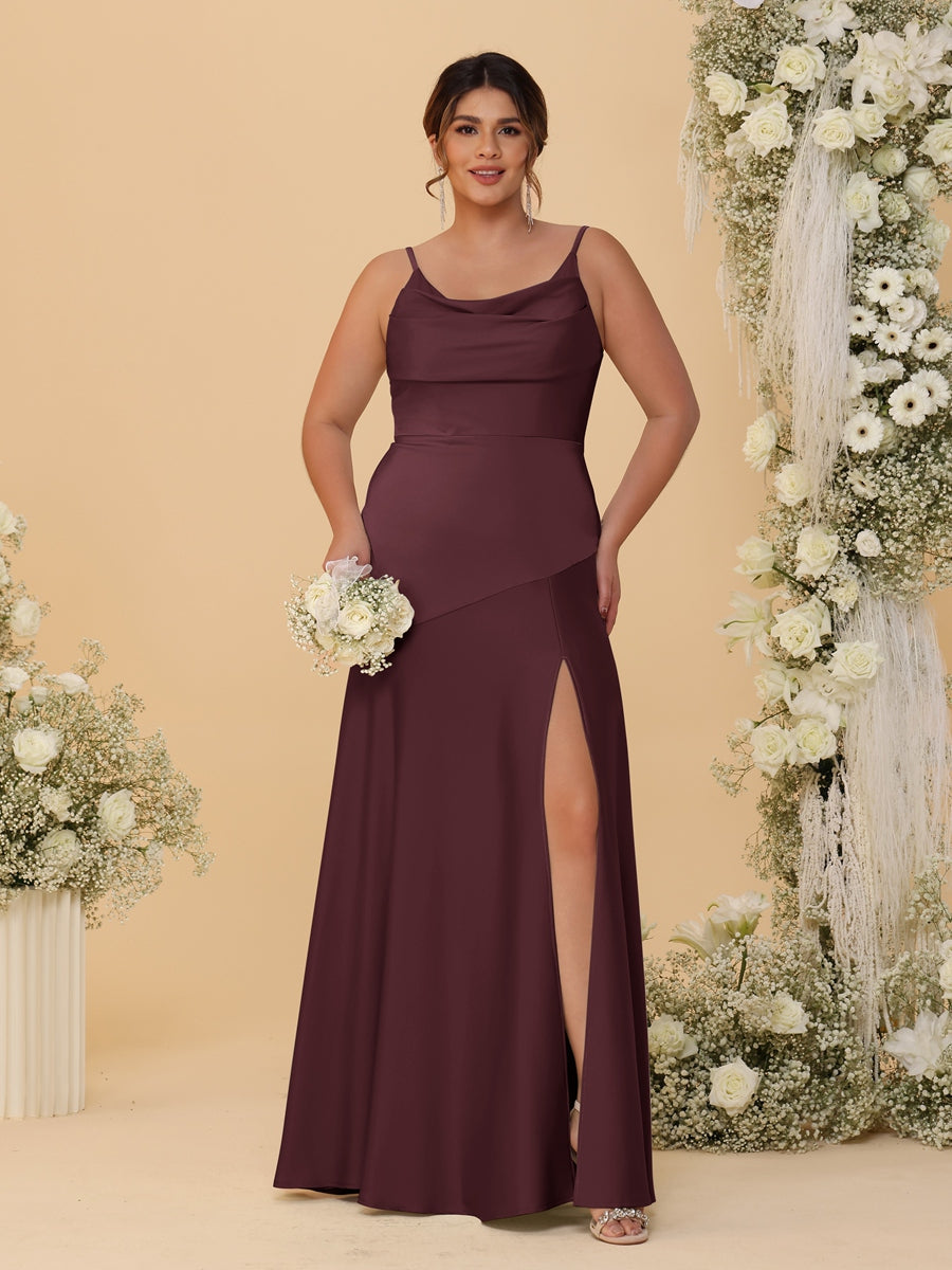 Sheath/Column Spaghetti Straps Cowl Neck Sleeveless Plus Size Bridesmaid Dresses With Split Side Burgundy