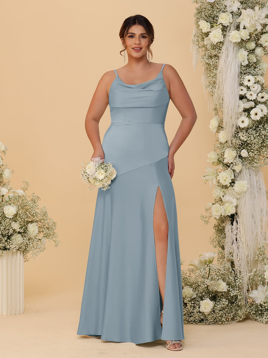 Sheath/Column Spaghetti Straps Cowl Neck Sleeveless Plus Size Bridesmaid Dresses With Split Side Dusty Blue