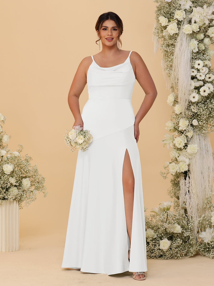 Sheath/Column Spaghetti Straps Cowl Neck Sleeveless Plus Size Bridesmaid Dresses With Split Side Off White