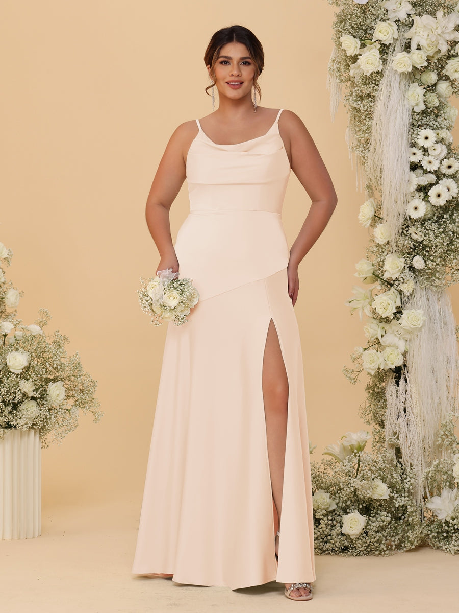 Sheath/Column Spaghetti Straps Cowl Neck Sleeveless Plus Size Bridesmaid Dresses With Split Side Peach Pink