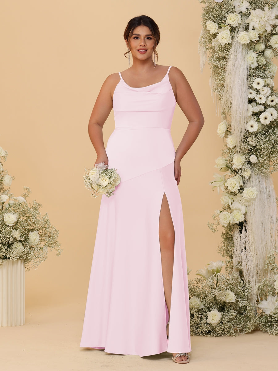 Sheath/Column Spaghetti Straps Cowl Neck Sleeveless Plus Size Bridesmaid Dresses With Split Side Pearl Pink