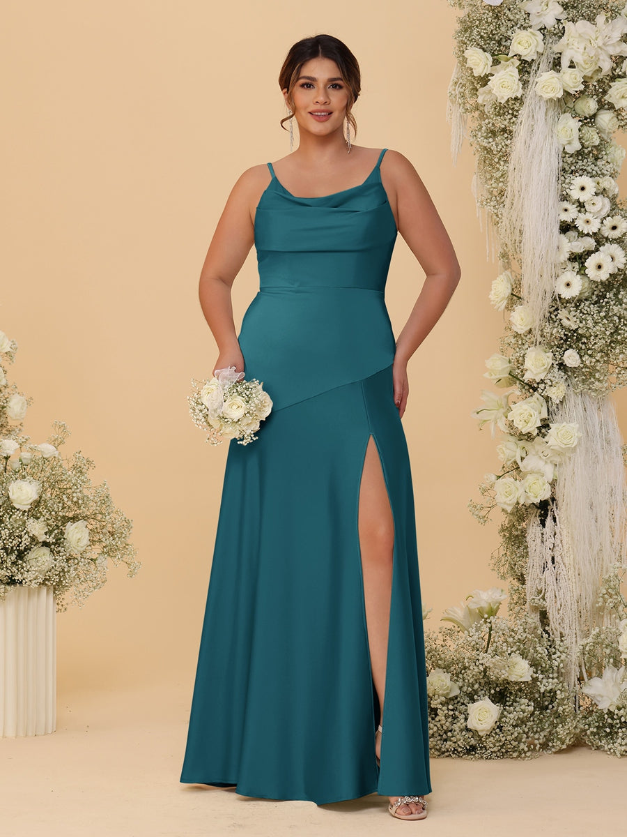 Sheath/Column Spaghetti Straps Cowl Neck Sleeveless Plus Size Bridesmaid Dresses With Split Side Teal