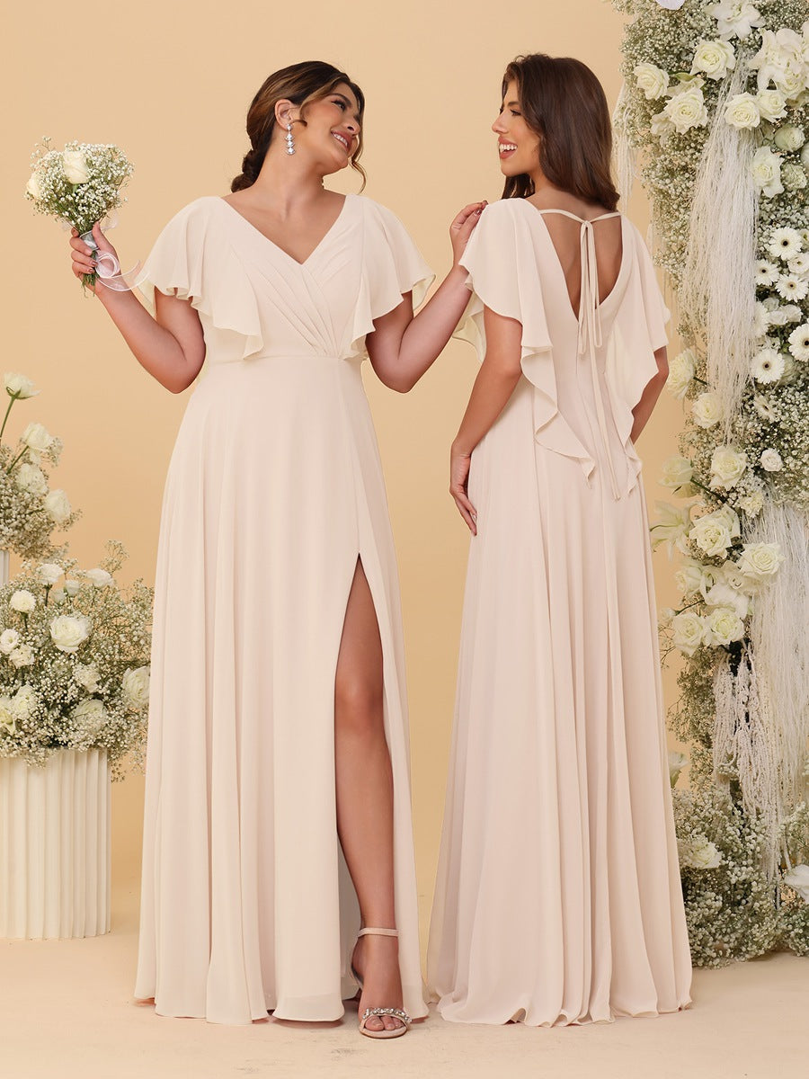 A-Line/Princess V-Neck Short Sleeves Floor-Length Ruched Bridesmaid Dresses With Side Slit Light Champagne