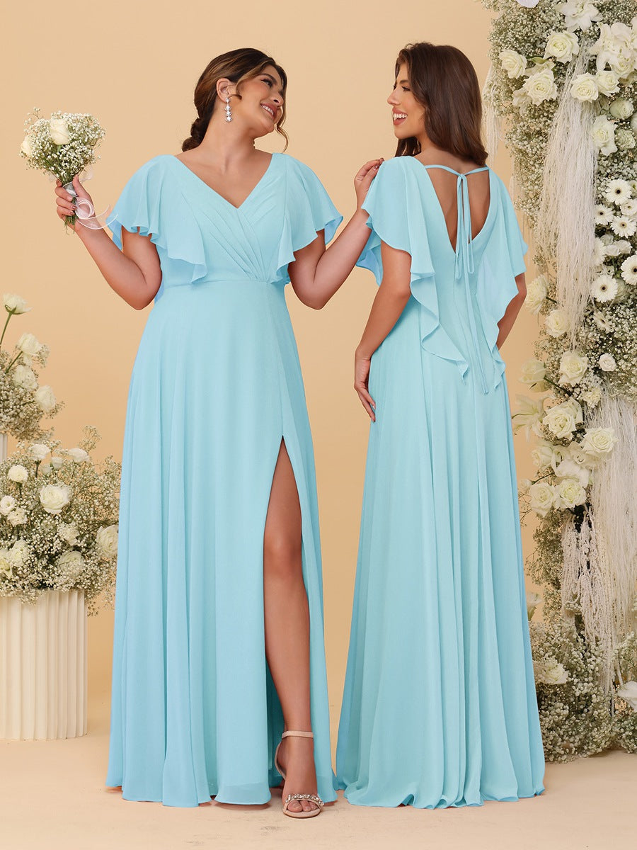 A-Line/Princess V-Neck Short Sleeves Floor-Length Ruched Bridesmaid Dresses With Side Slit Light Sky Blue