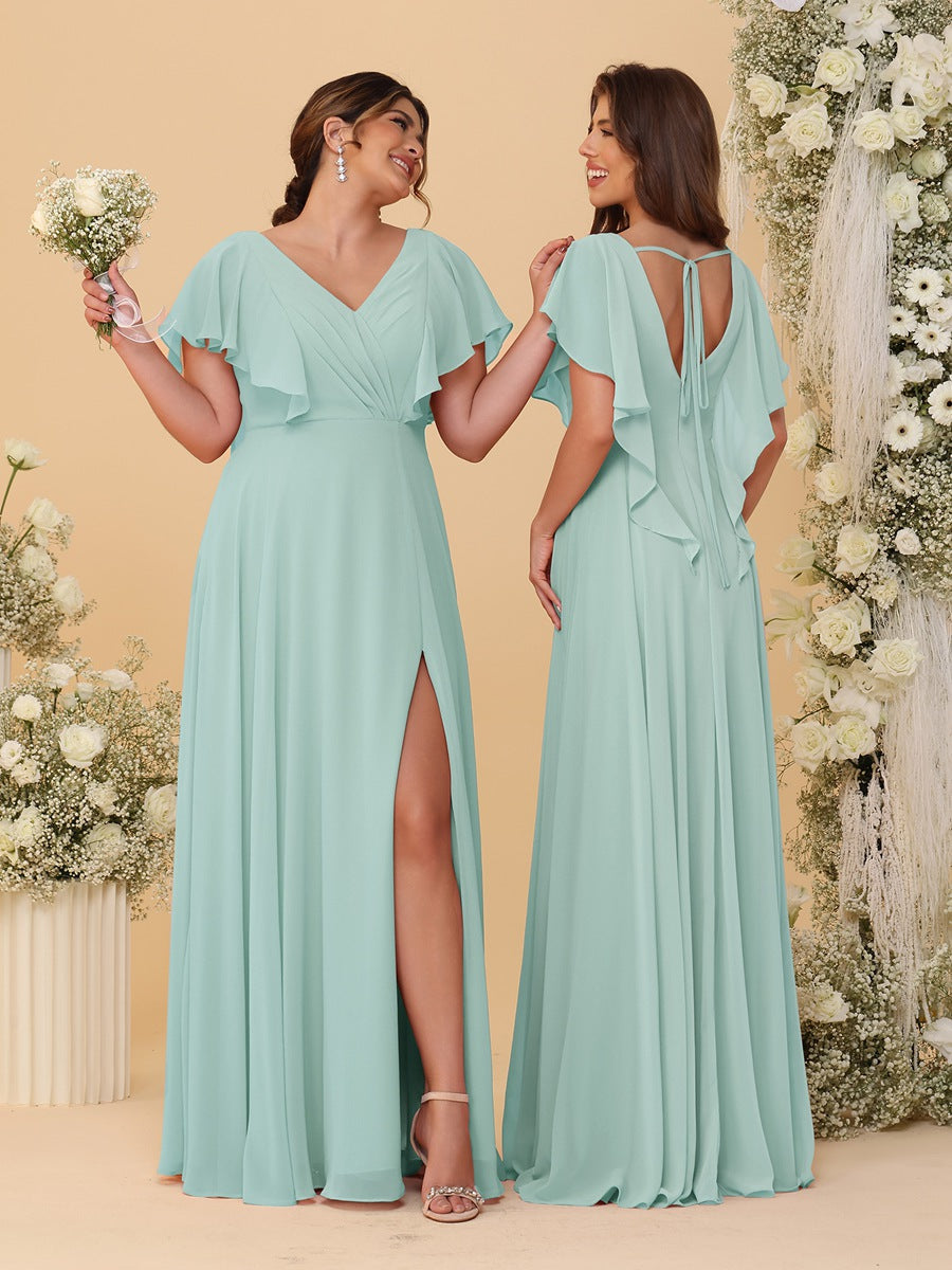 A-Line/Princess V-Neck Short Sleeves Floor-Length Ruched Bridesmaid Dresses With Side Slit Mist Blue