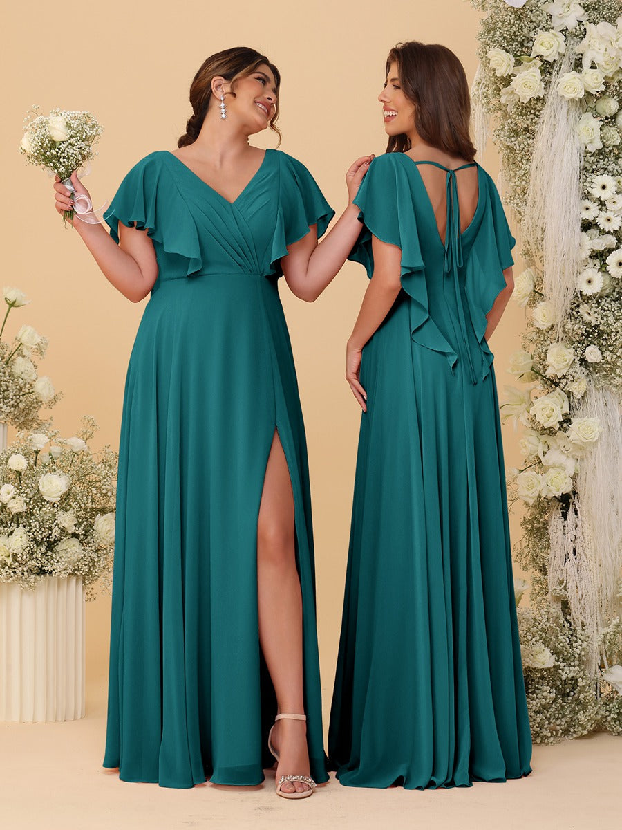 A-Line/Princess V-Neck Short Sleeves Floor-Length Ruched Bridesmaid Dresses With Side Slit Peacock