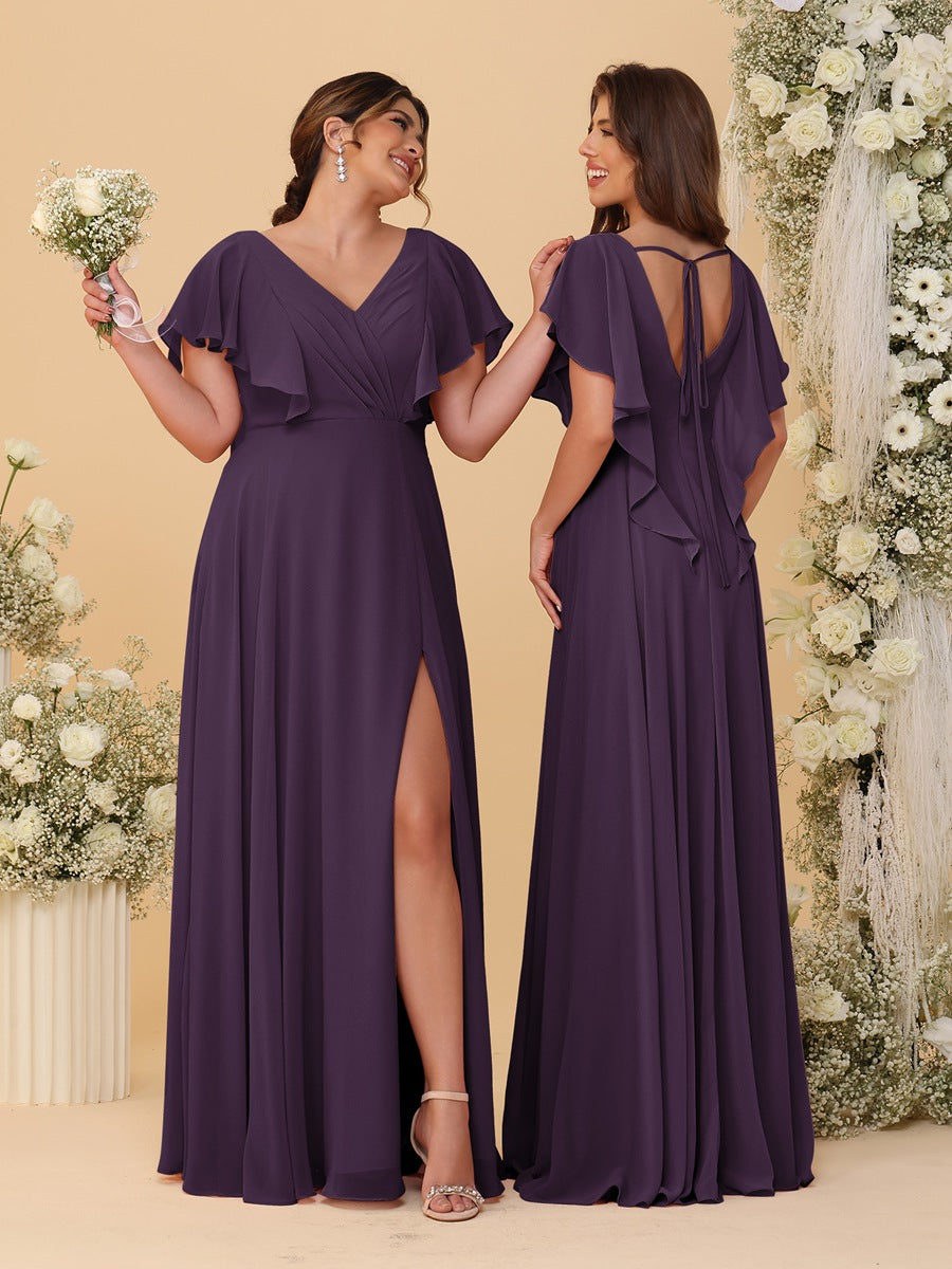 A-Line/Princess V-Neck Short Sleeves Floor-Length Ruched Bridesmaid Dresses With Side Slit Plum