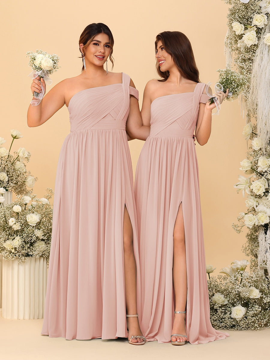 A-Line/Princess One-Shoulder Sleeveless Floor-Length Ruched Bridesmaid Dresses With Side Slit Blush Pink