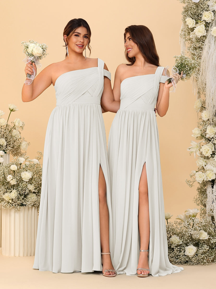 A-Line/Princess One-Shoulder Sleeveless Floor-Length Ruched Bridesmaid Dresses With Side Slit Ivory