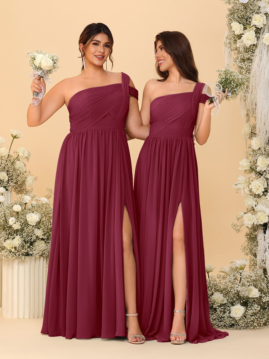 A-Line/Princess One-Shoulder Sleeveless Floor-Length Ruched Bridesmaid Dresses With Side Slit Light Burgundy