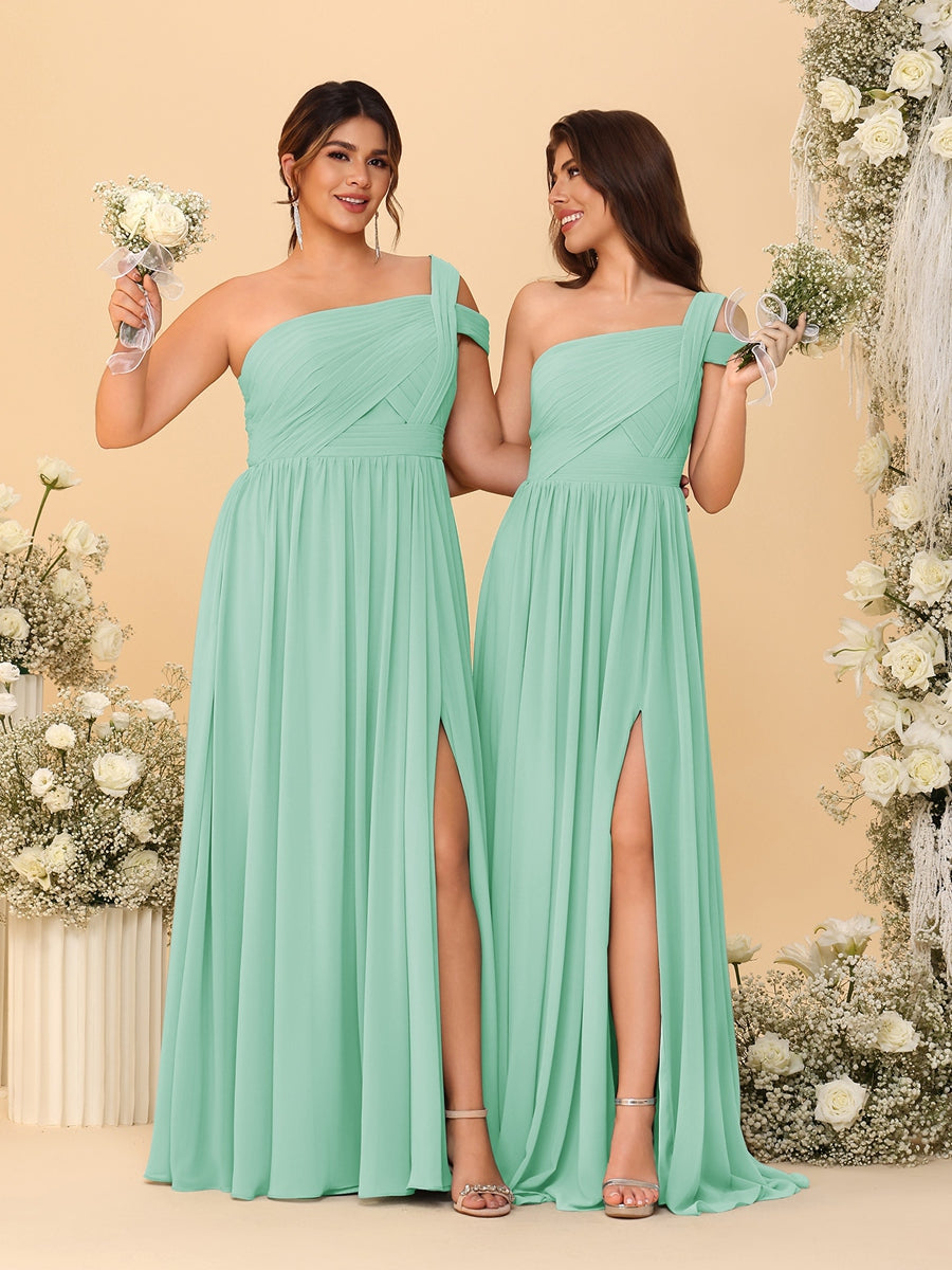 A-Line/Princess One-Shoulder Sleeveless Floor-Length Ruched Bridesmaid Dresses With Side Slit Mint Green