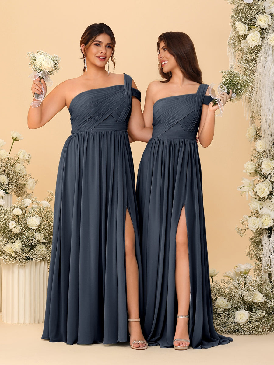 A-Line/Princess One-Shoulder Sleeveless Floor-Length Ruched Bridesmaid Dresses With Side Slit Navy Blue