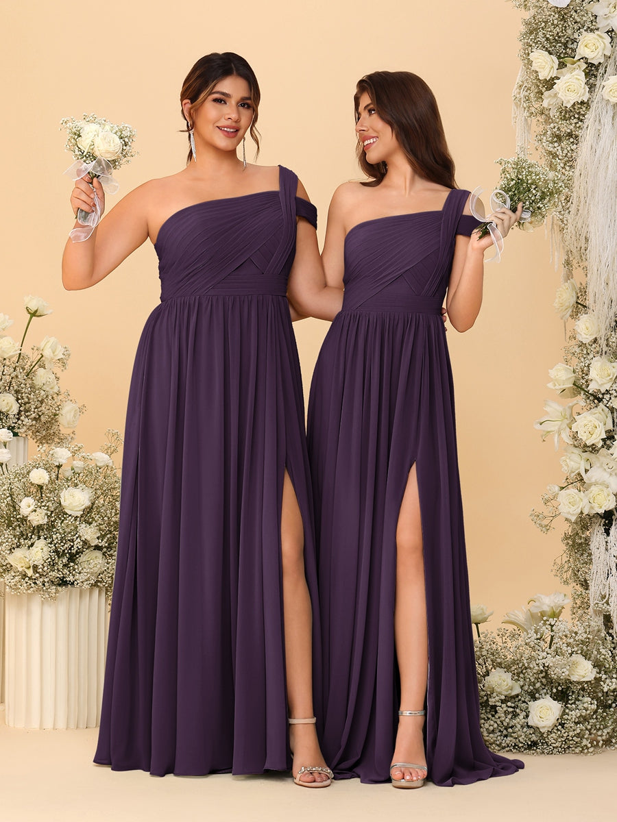 A-Line/Princess One-Shoulder Sleeveless Floor-Length Ruched Bridesmaid Dresses With Side Slit Plum