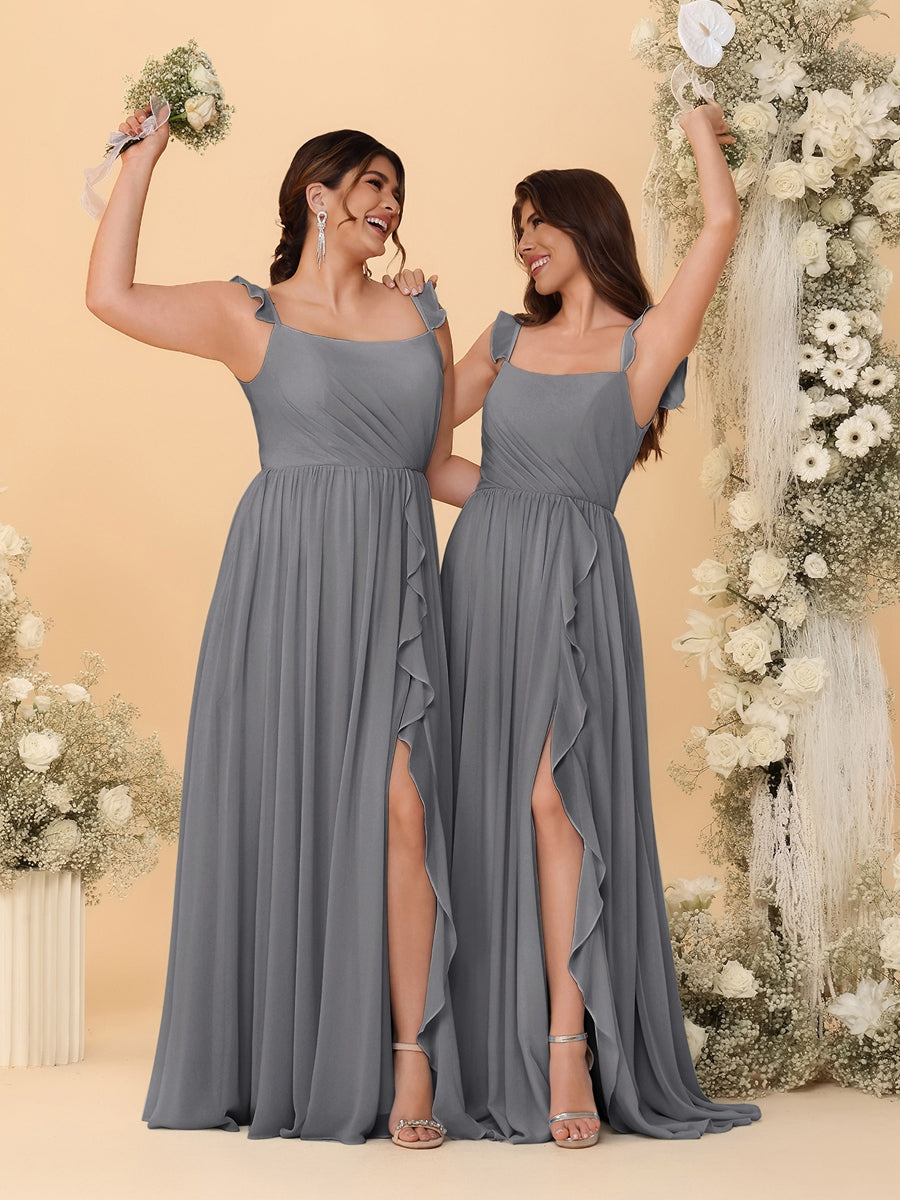 A-Line/Princess Square Neck Sleeveless Ruched Bridesmaid Dresses With Side Slit & Ruffles Silver Gray