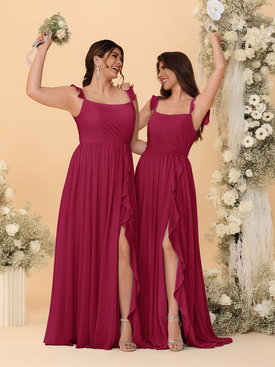 A-Line/Princess Square Neck Sleeveless Ruched Bridesmaid Dresses With Side Slit & Ruffles Wine Red